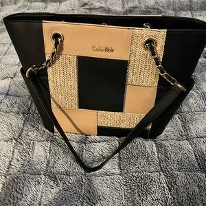 Calvin Klein color block purse. Leather and straw.